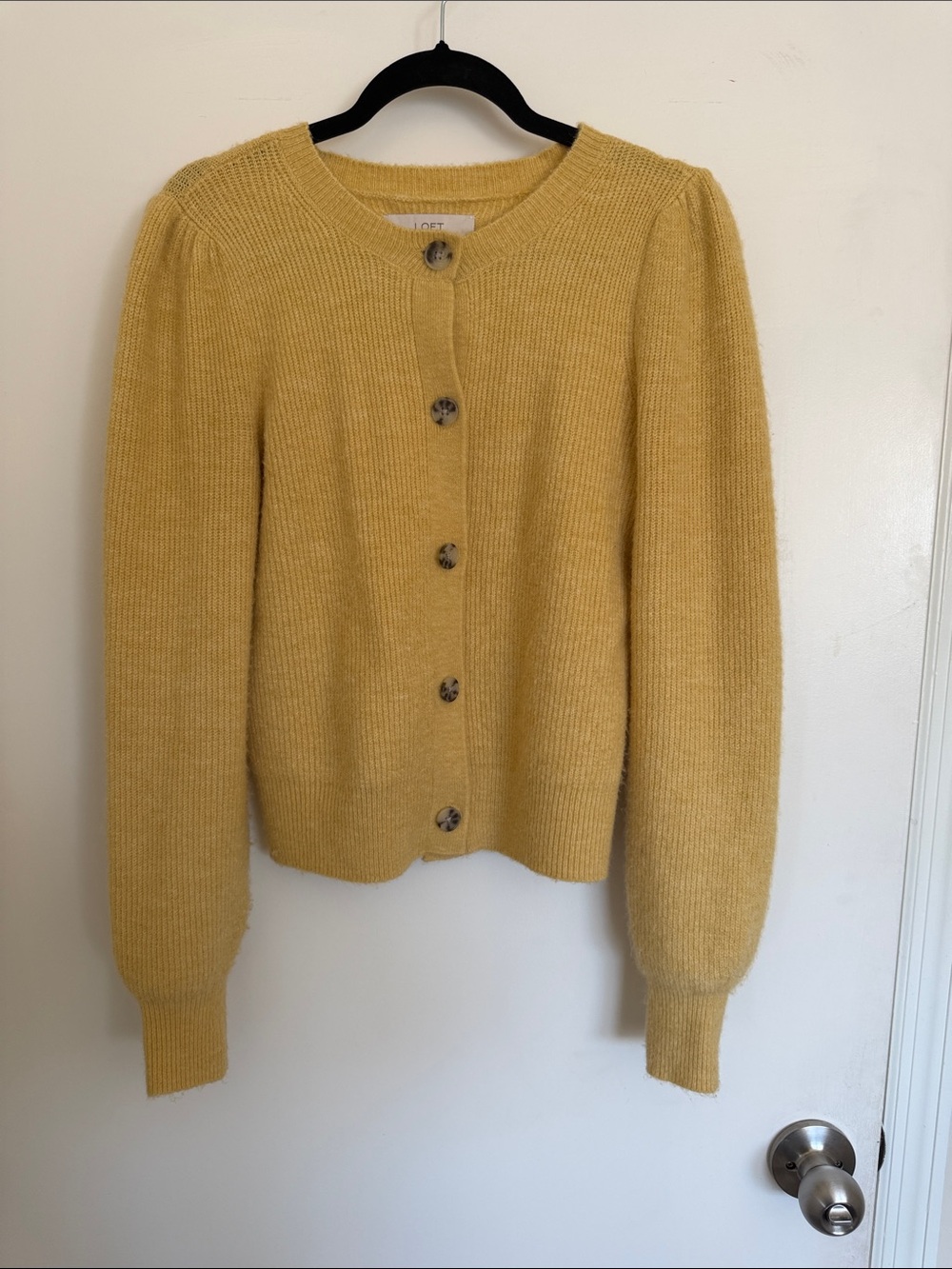 LOFT Butter Yellow Button-Up Puff Sleeve Women's Cardigan XS